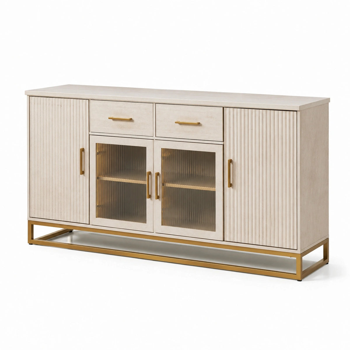 Aparador de madera con puertas de vidrio templado y cajones beige 150 cm