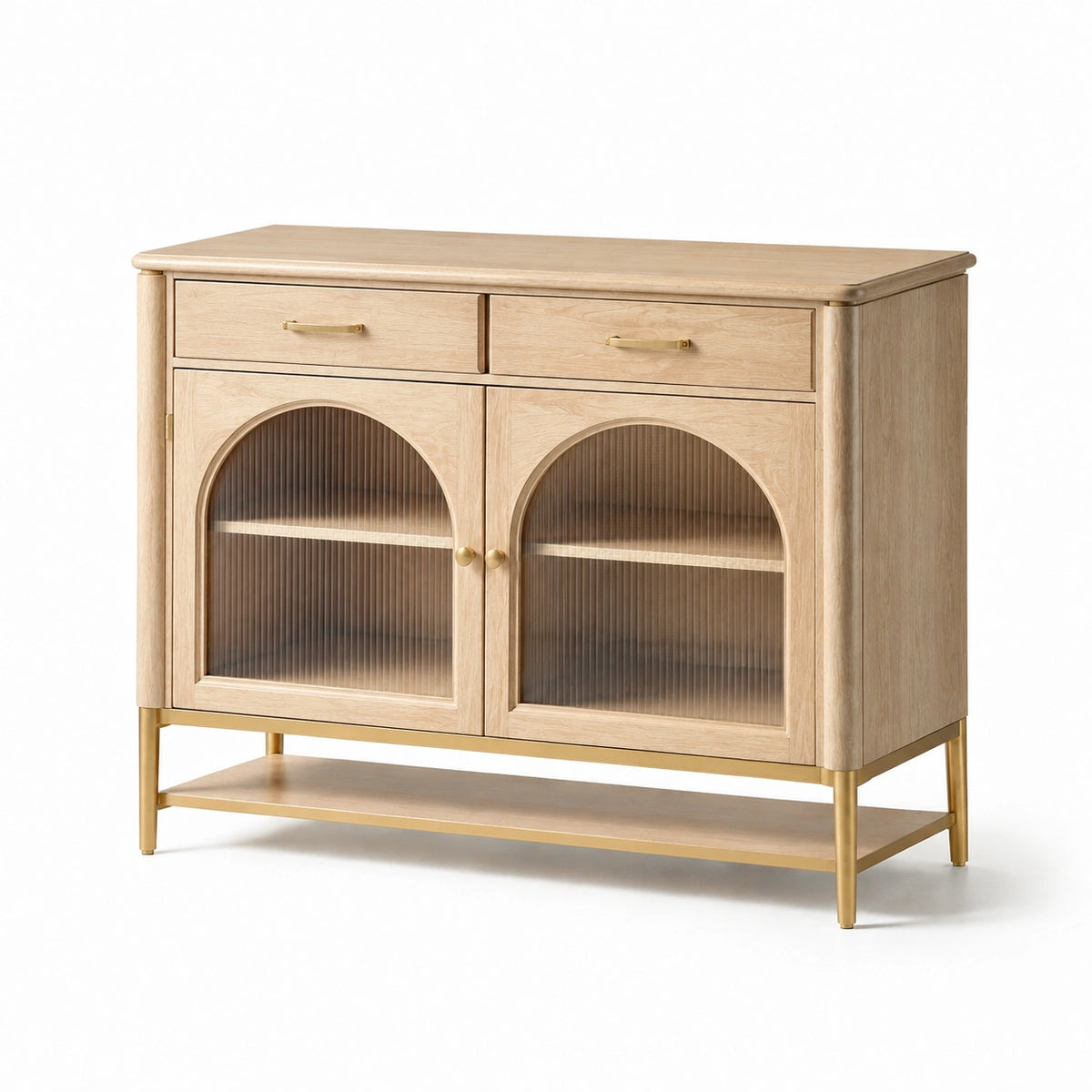 Gabinete de roble con vidrio ondulado y patas doradas 120x40x85 cm
