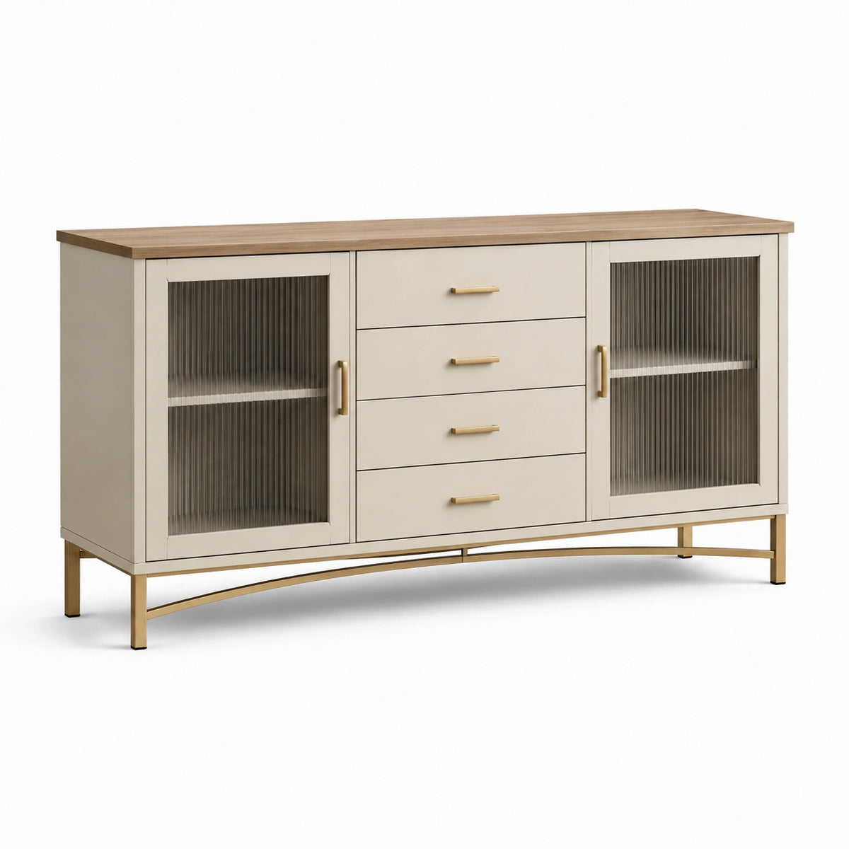 Aparador de madera, vidrio y metal con cajones crema 160x80x40 cm