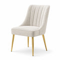 Silla de comedor de tela bouclé beige con patas de metal dorado