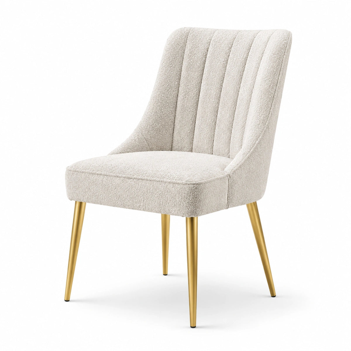 Silla de comedor de tela bouclé beige con patas de metal dorado