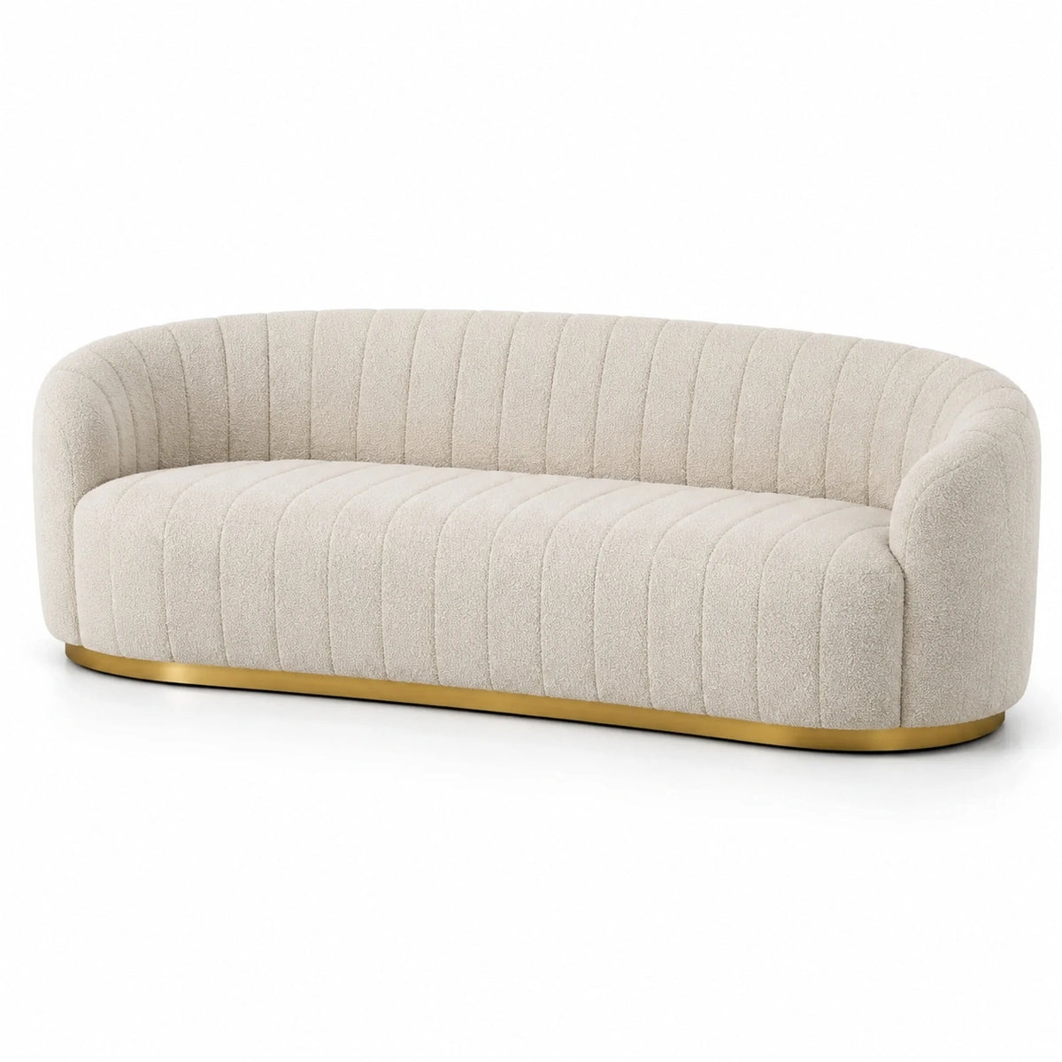Sofá de 3 plazas en tela bouclé beige con base dorada