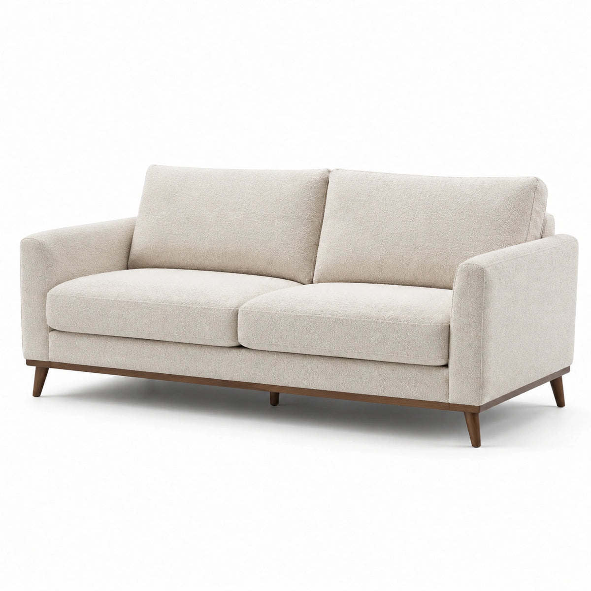 Sofá de tres plazas beige con patas de madera