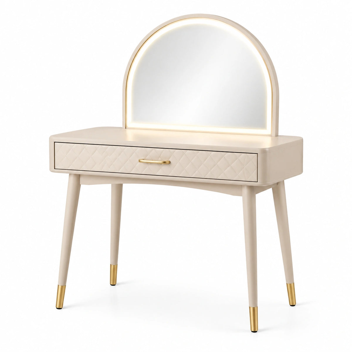 Tocador de madera con espejo LED y cajón de cuero sintético beige
