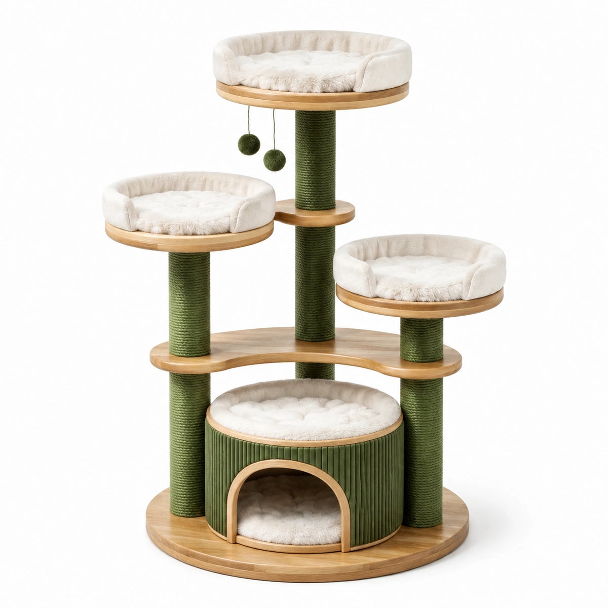 Árbol rascador de madera y felpa con postes de sisal verde