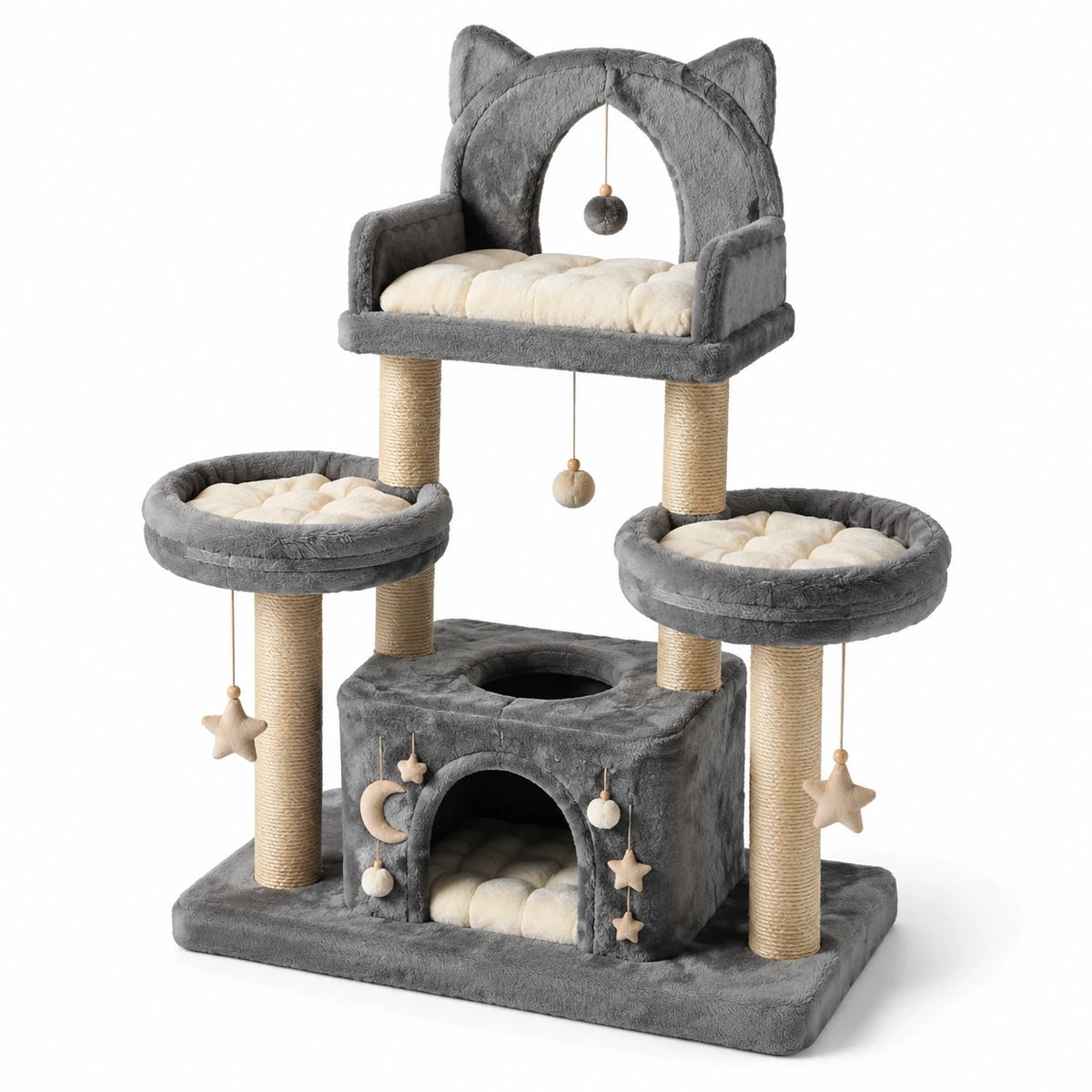 Árbol rascador para gatos de felpa y sisal gris 58x40x96cm