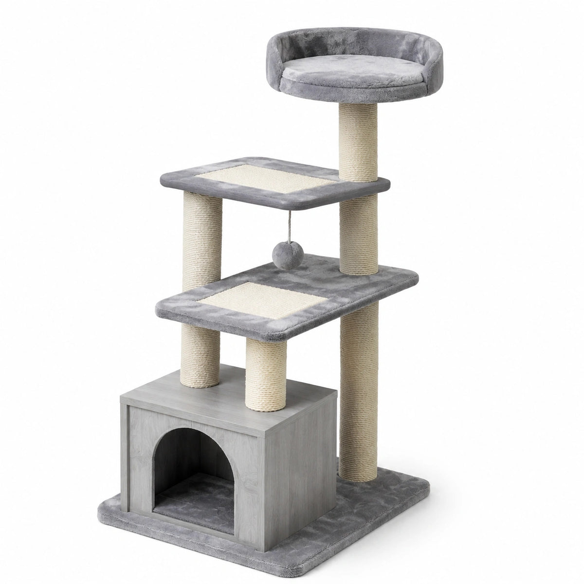 Árbol Rascador para Gatos de Tres Niveles Gris con Poste de Sisal