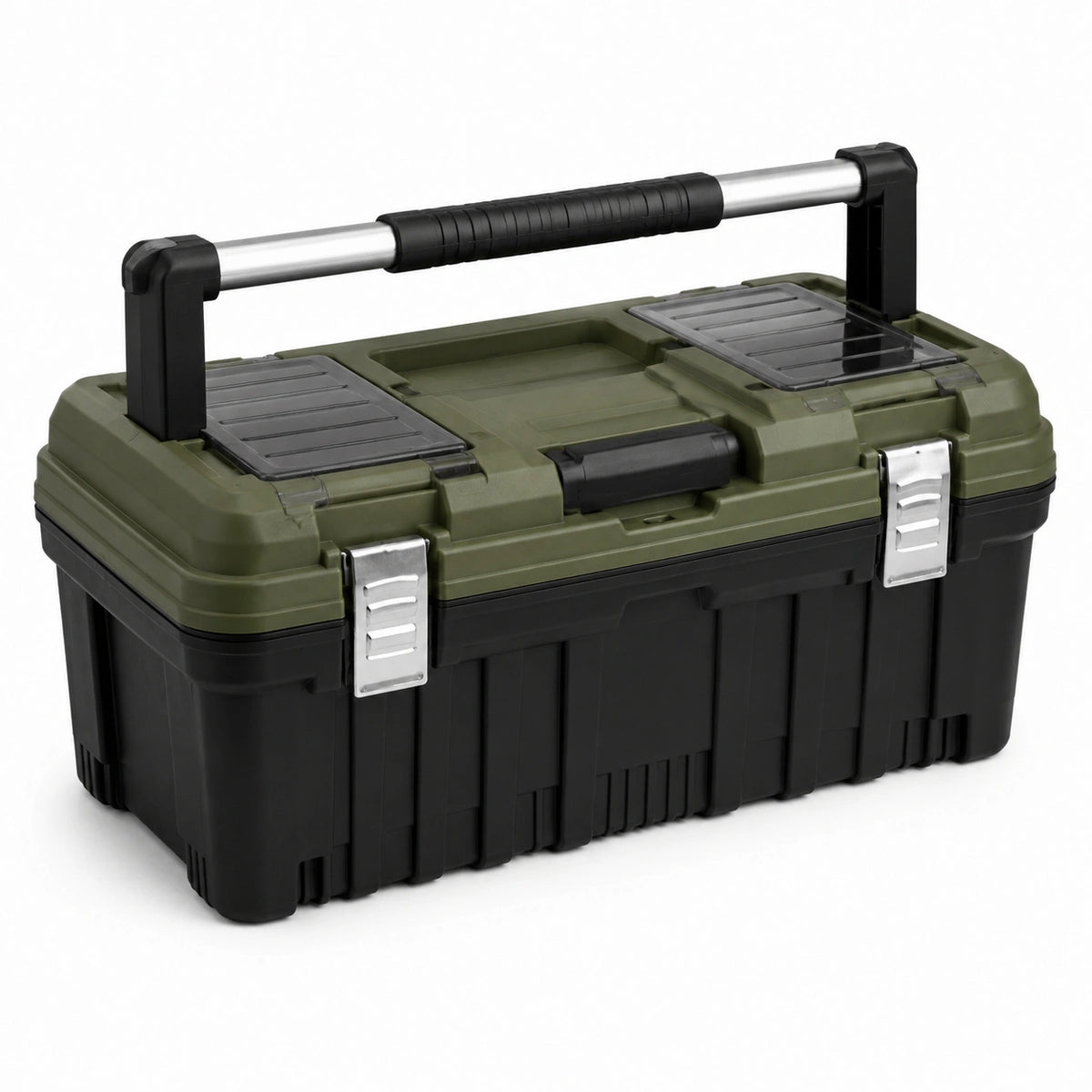 Caja de herramientas de polipropileno negro y verde con mango extensible