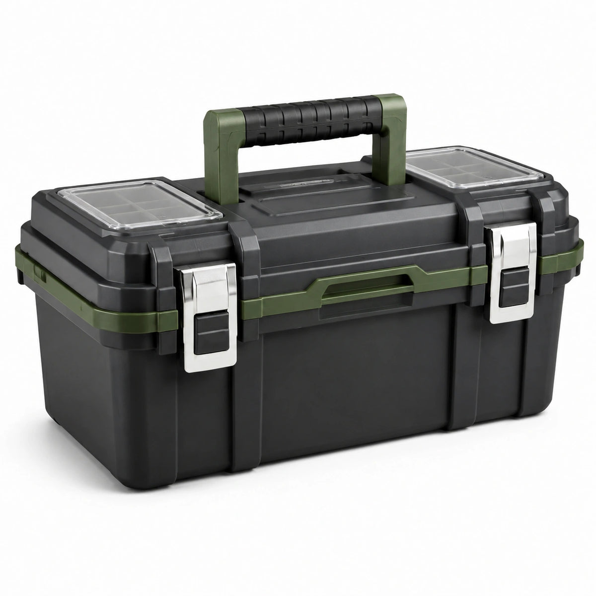 Caja de herramientas de plástico negro y verde con cierres metálicos