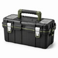 Caja de herramientas de plástico y metal negro y verde