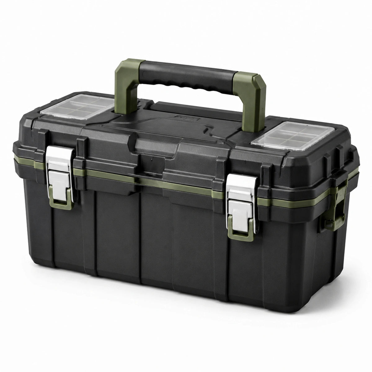 Caja de herramientas de plástico y metal negro y verde