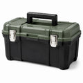 Caja de herramientas de plástico negro y verde con cierres metálicos