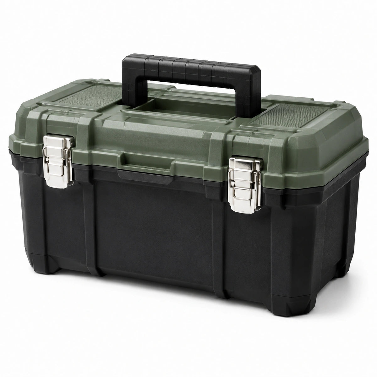 Caja de herramientas de plástico negro y verde con cierres metálicos
