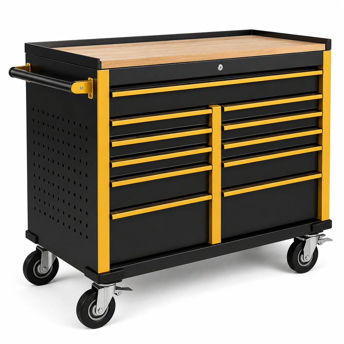 Carro de herramientas de acero y madera con cajones, 100x50x80 cm, negro y amarillo