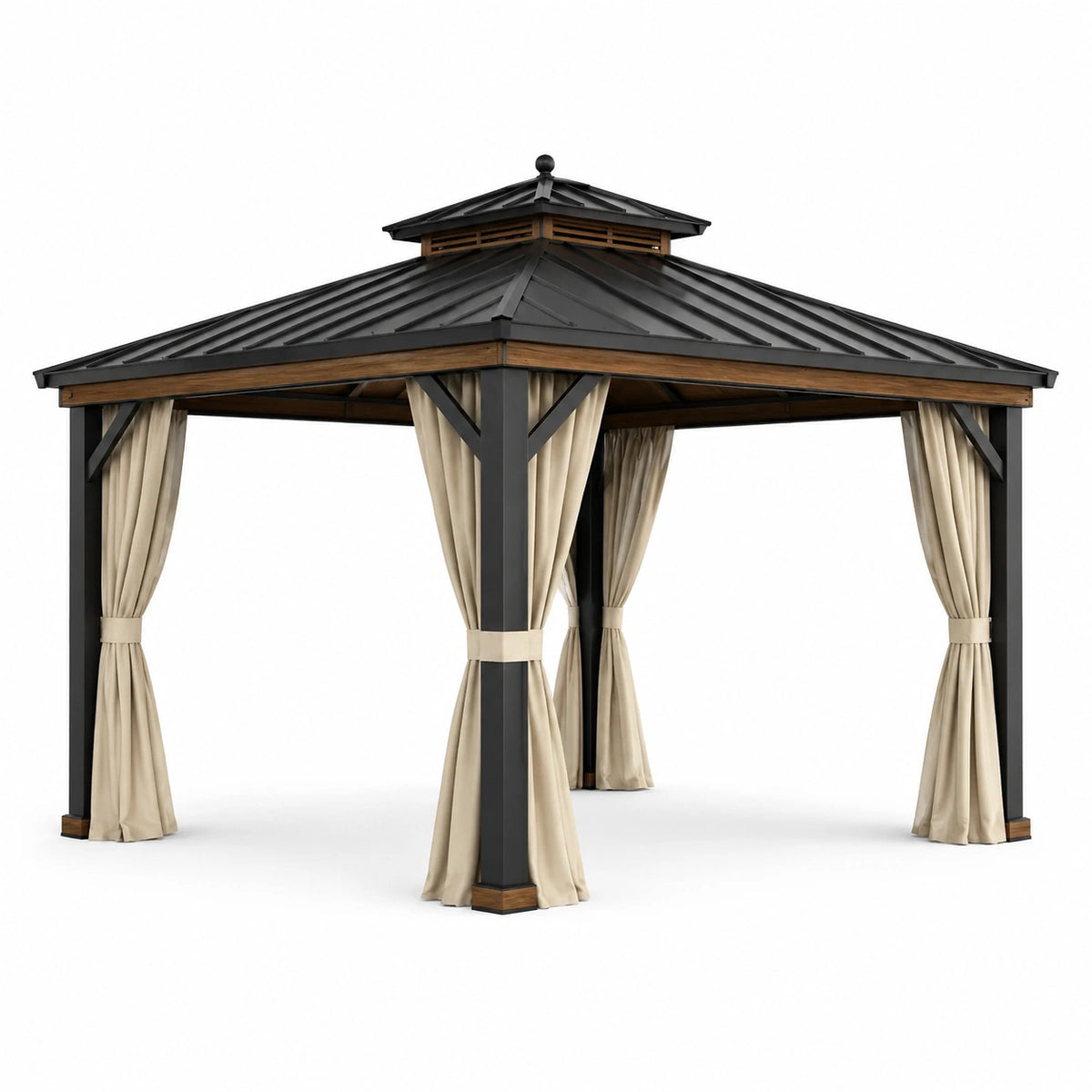 Pérgola de Acero y Aluminio con Cortinas de Poliéster Beige 3x3m