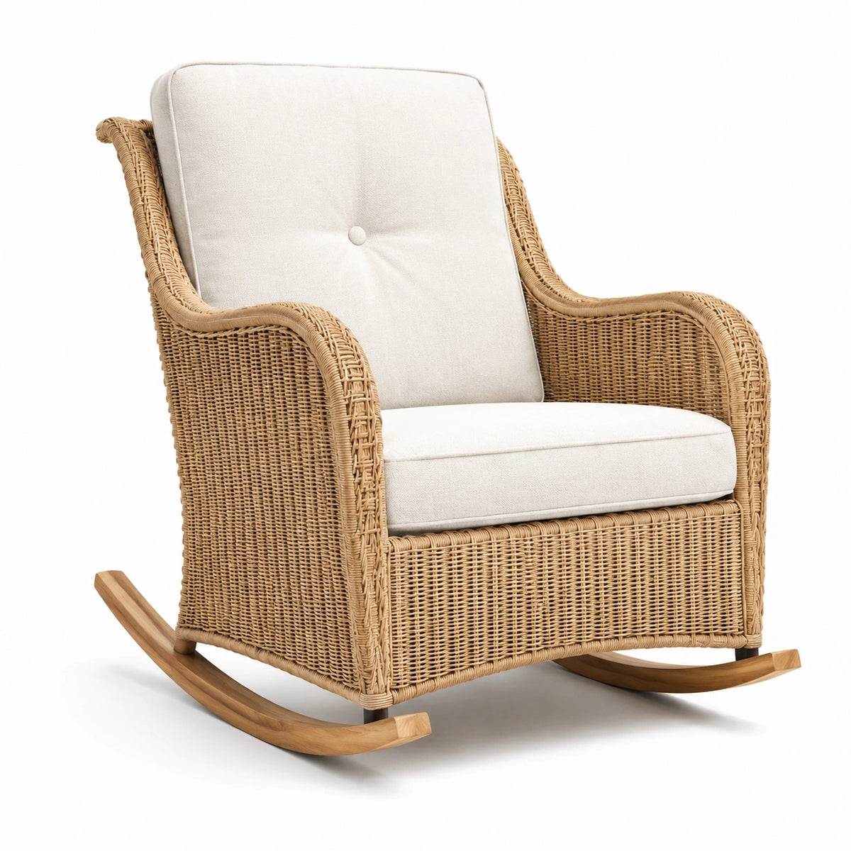 Silla mecedora de ratán con cojín de algodón crema