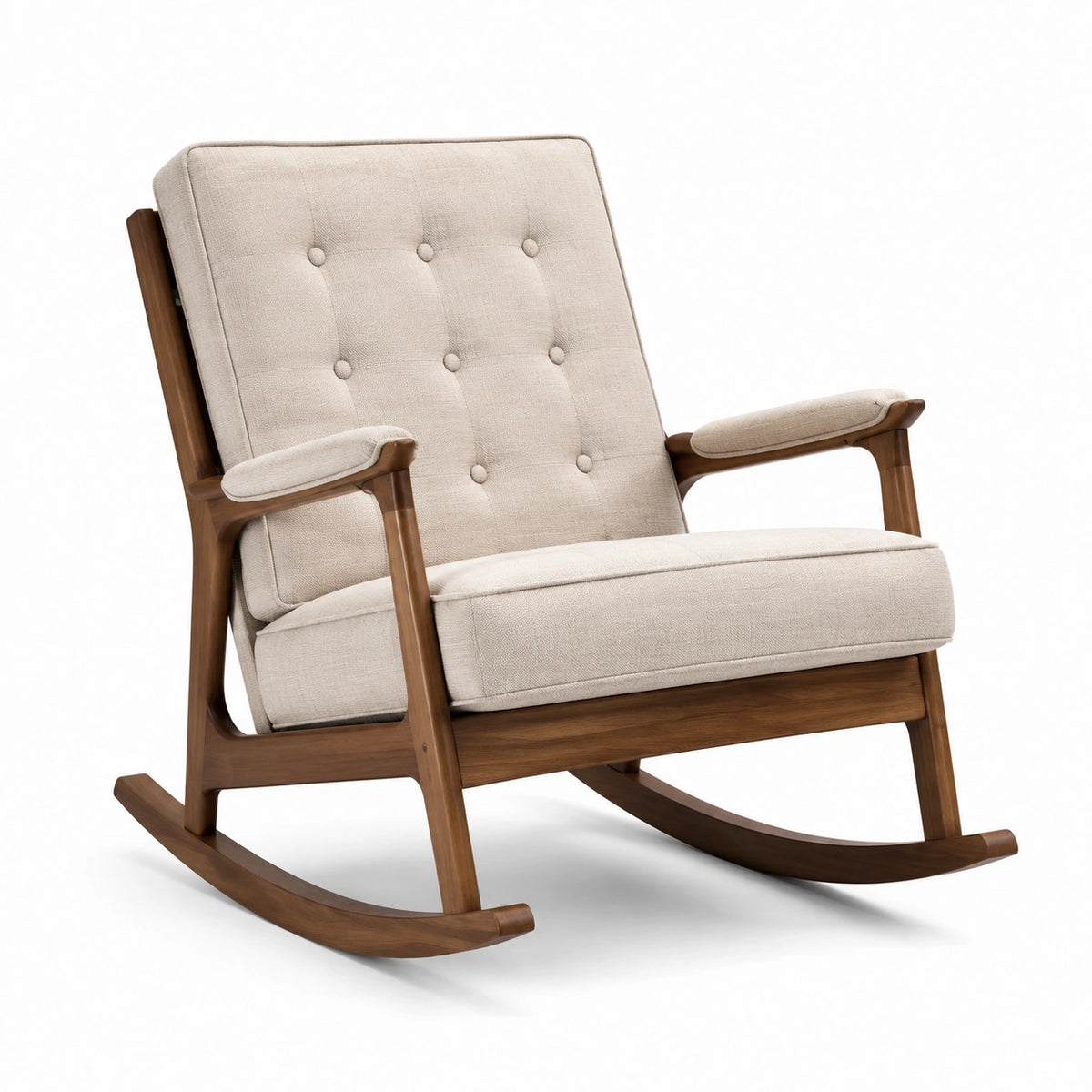 Silla mecedora de madera y lino beige