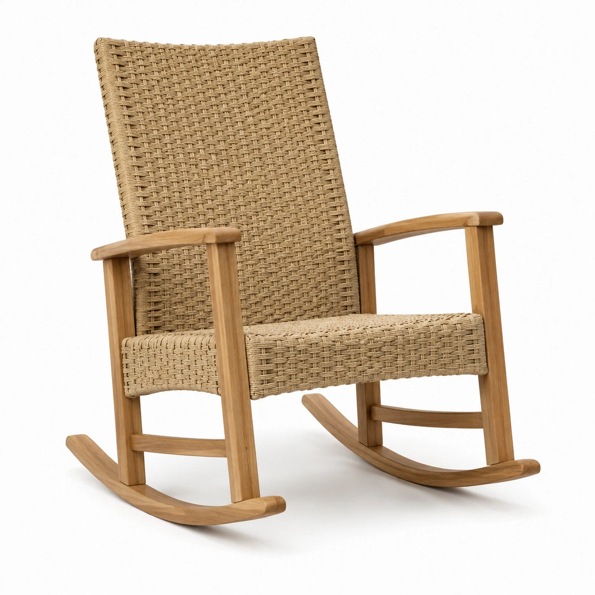 Mecedora de madera de teca con asiento de ratán sintético beige
