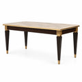 Mesa de comedor de mármol beige con patas de madera y detalles metálicos 150x90x75 cm